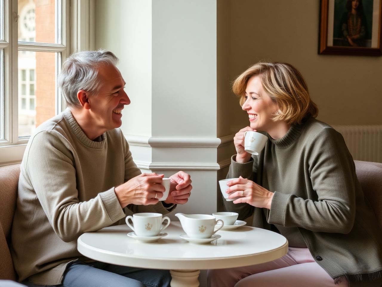 Two people having a warm conversation over tea